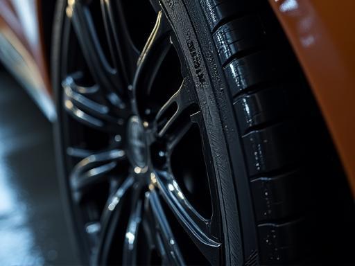 Detail shot of a perfectly clean car wheel, tire, and brake caliper after service