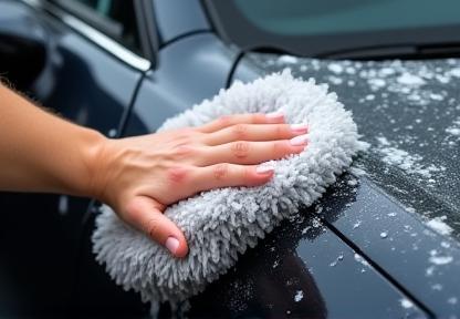 Close-up of car exterior being gently washed by hand