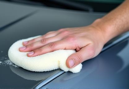 Professional technician hand applying wax to a car's hood